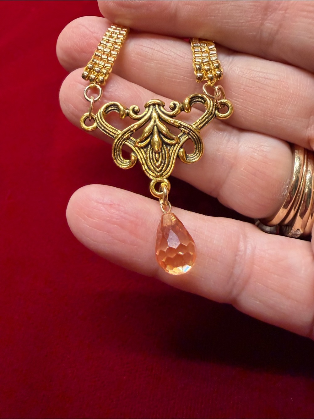 Gold color loom-woven necklace with teardrop crystal and extender - Picture 3 of 6